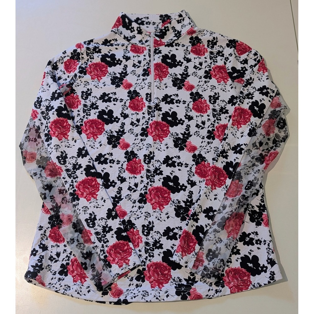 IBKUL Womens Floral Quarter Zip Sun Shirt UPF 50+ IceFil Cooling Top Red Black M